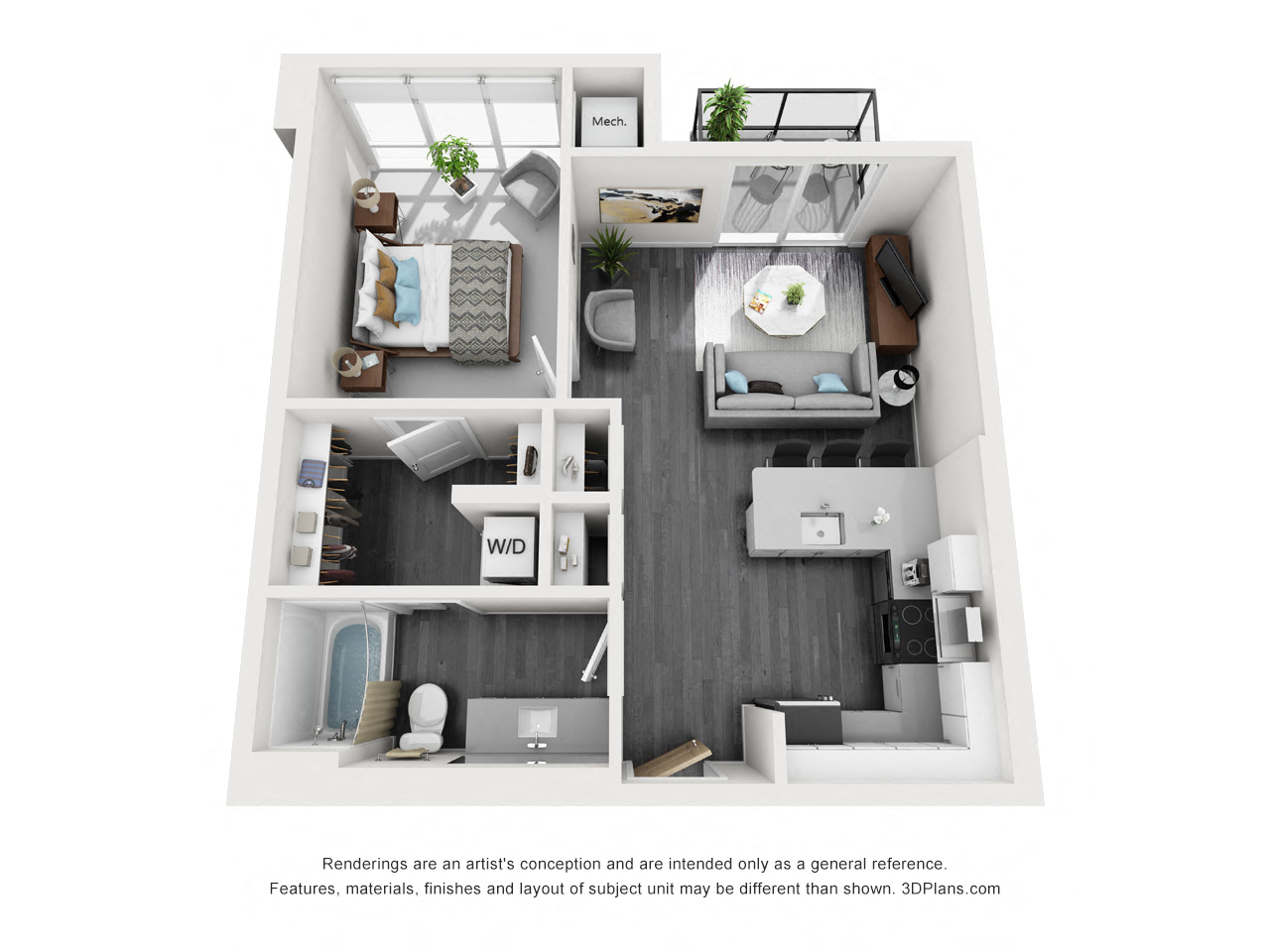 Floor plan for 1 bed, 1 bath, 650 sqft